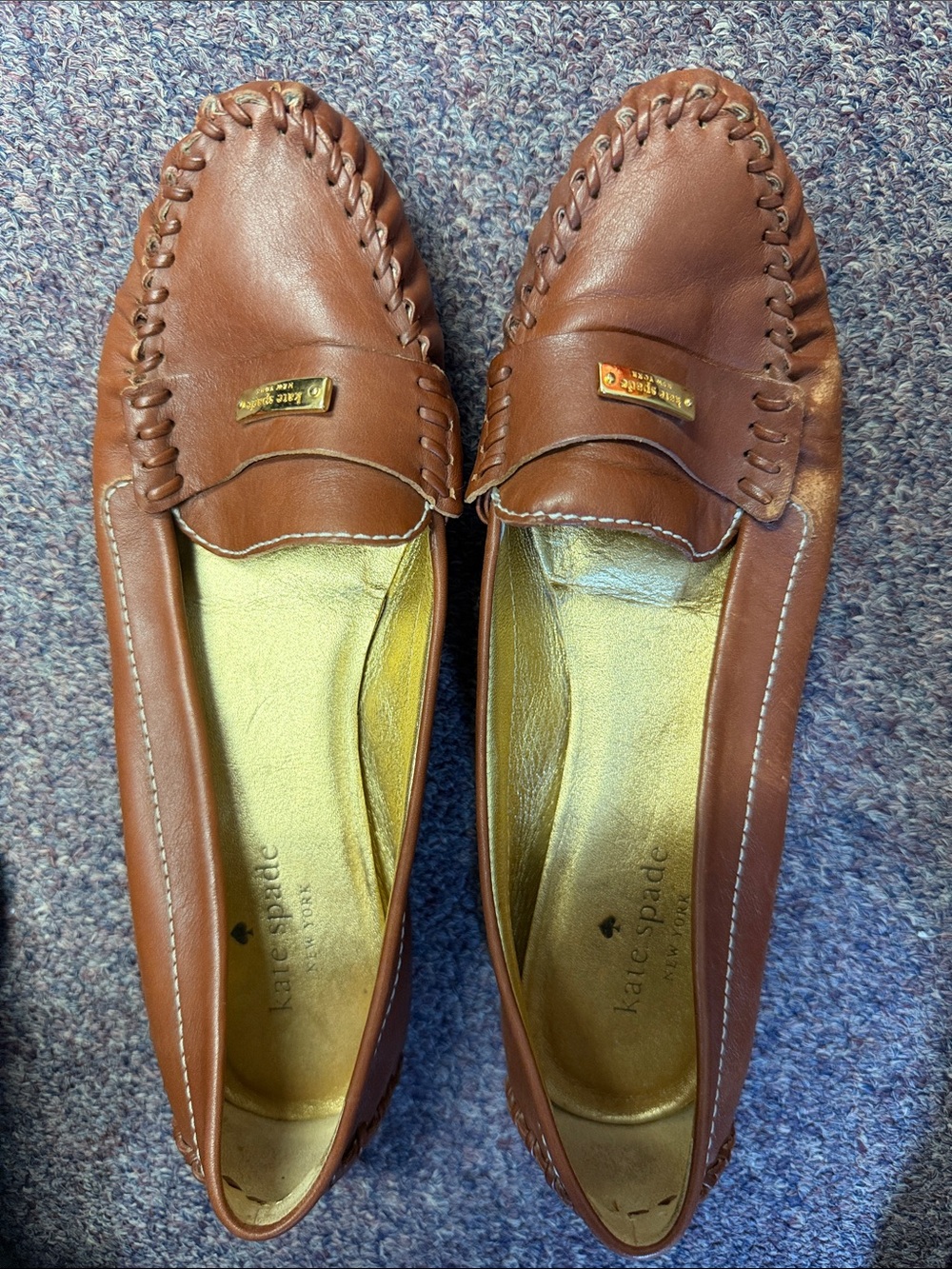 kate spade brown leather braided moccasin loafers with gold plaque